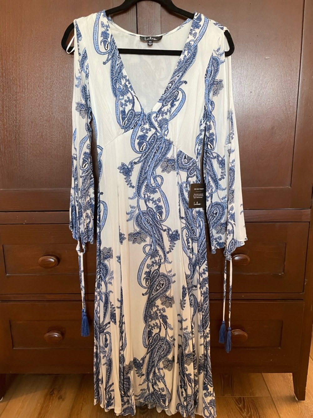 Lulu's White Maxi Dress with Blue Paisley Print